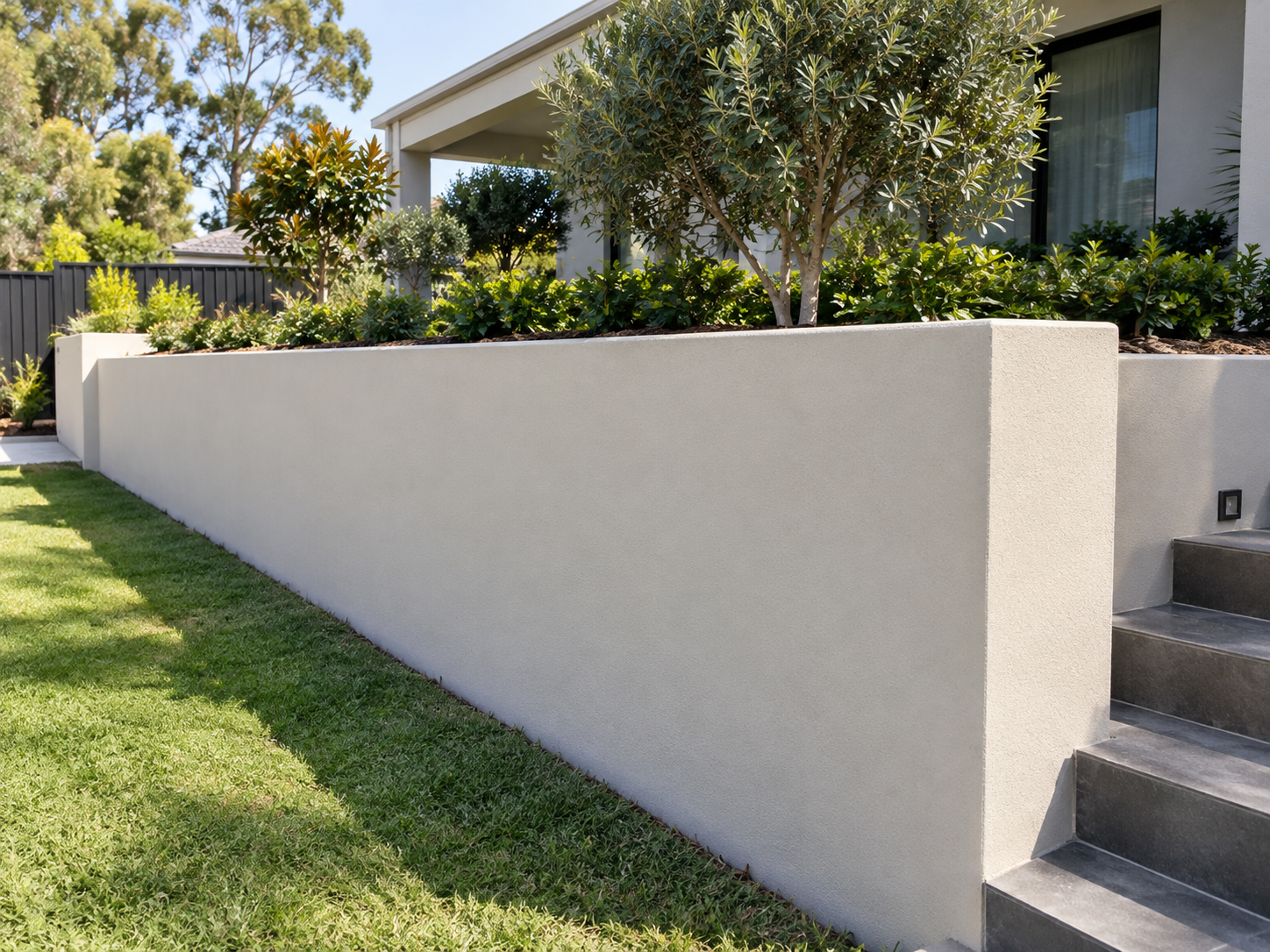 Rendered block retaining wall with landscaped garden and steps built for a modern home in Bendigo.