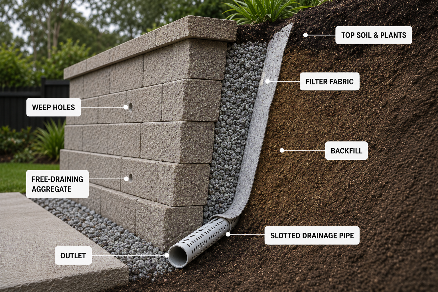 Retaining wall drainage system showing slotted drainage pipe, filter fabric, free draining aggregate, backfill and weep holes behind a concrete block retaining wall.