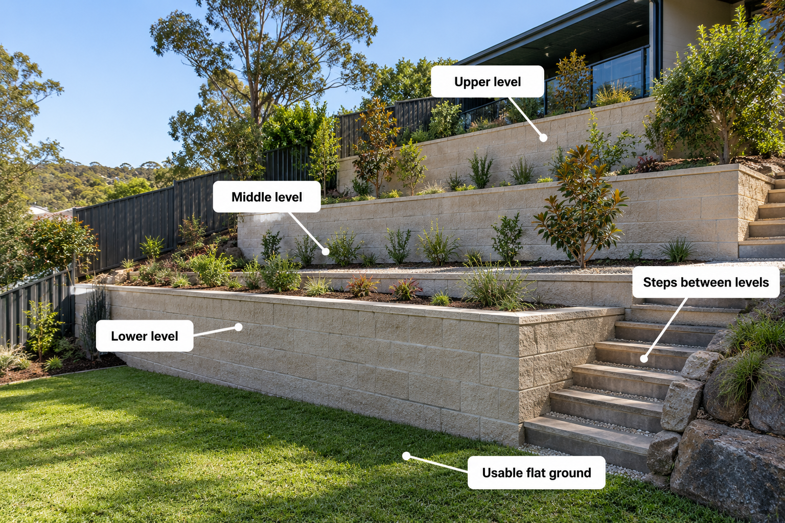 Terraced retaining walls on a sloping block in Bendigo creating multiple usable garden levels with steps and landscaped areas.